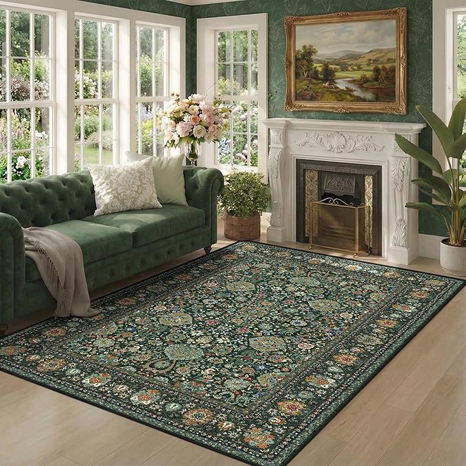 Dark Green Rug 4x6 Area Rug with Non-Slip Backing, Washable Rugs for Bedroom Living Room Kitchen, Distressed Carpet Printed Low-Pile Soft Dorm Rug Room Decor