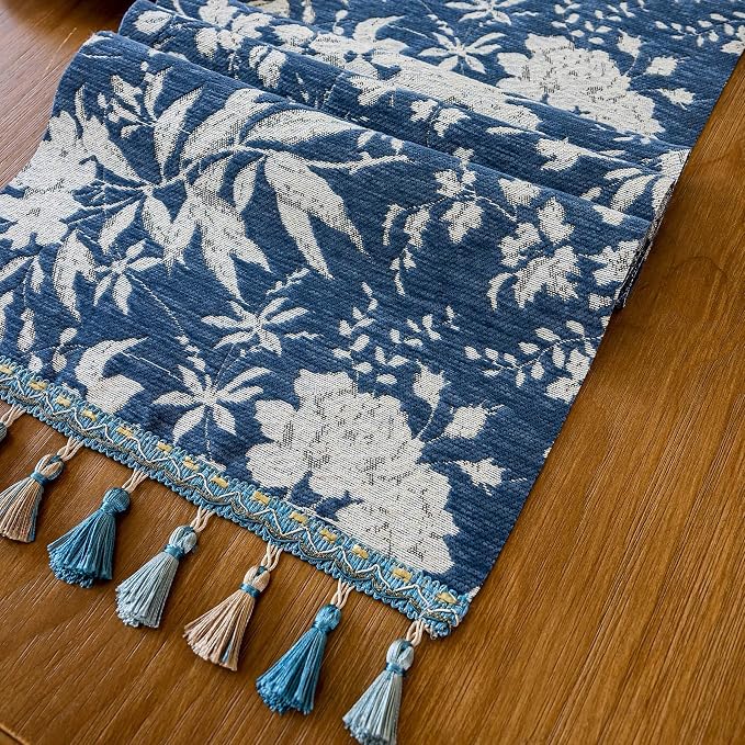 Botanical Jacquard Floral Dining Table Runner Blue 13 x 82 Inch | Jacquard - Image 5