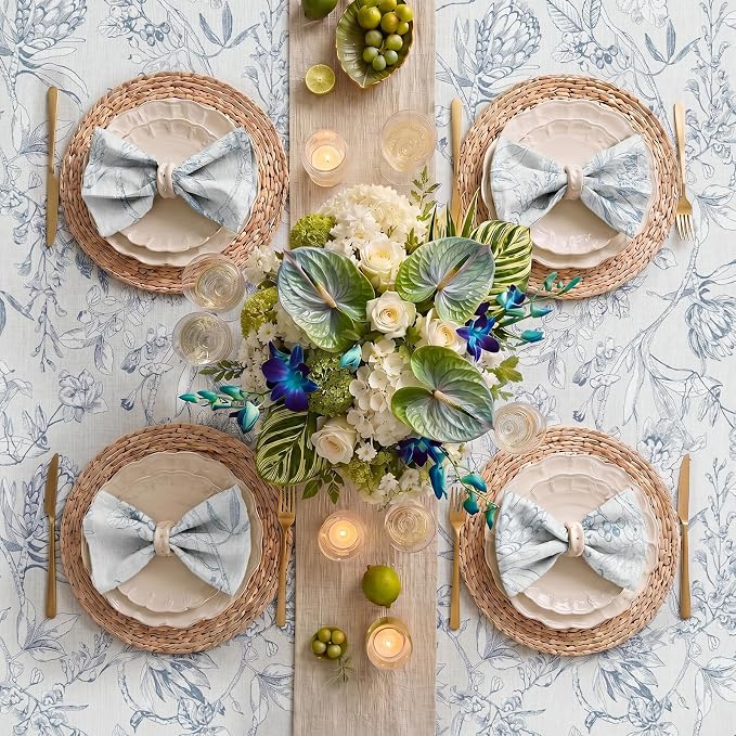 jinchan Blue Floral Linen Square Table Cloth 50 x 50 Inch | Blue floral accents - Image 7