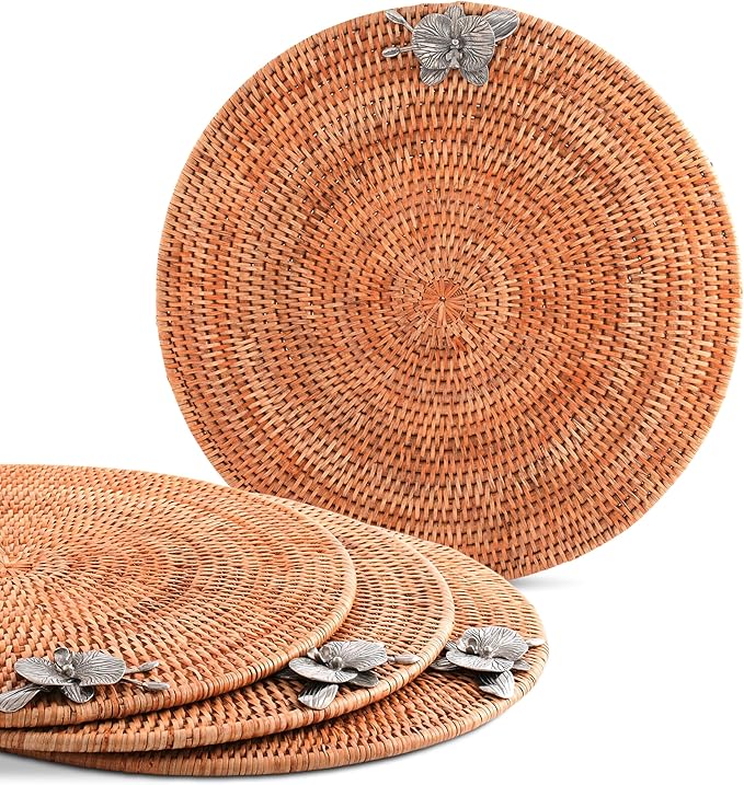 Vagabond House Round Wicker Placemats with Pewter Orchid Accent, Set of 4, 15.5 Inches Diameter - Hand-Woven Rattan, Elegant and Durable, Perfect for Enhancing Table Decor and Protection