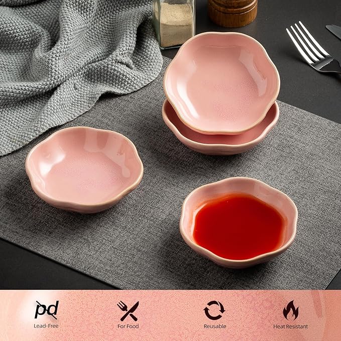 4.4Oz Kiln-Changed Dipping Bowls, 4.3 Inches Ceramic Flower-Shaped Soy Sauce Dishes, Small Appetizer/Side Plates Set of 4 (pink)