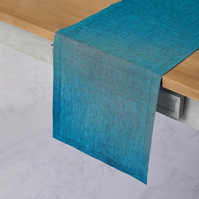 Solino Home Linen Table Runner 90 Inches Long - Athena, 100% Pure Linen Chambray Teal Table Runner 14 x 90 Inch for Dining, Spring, Easter, St Patricks Day