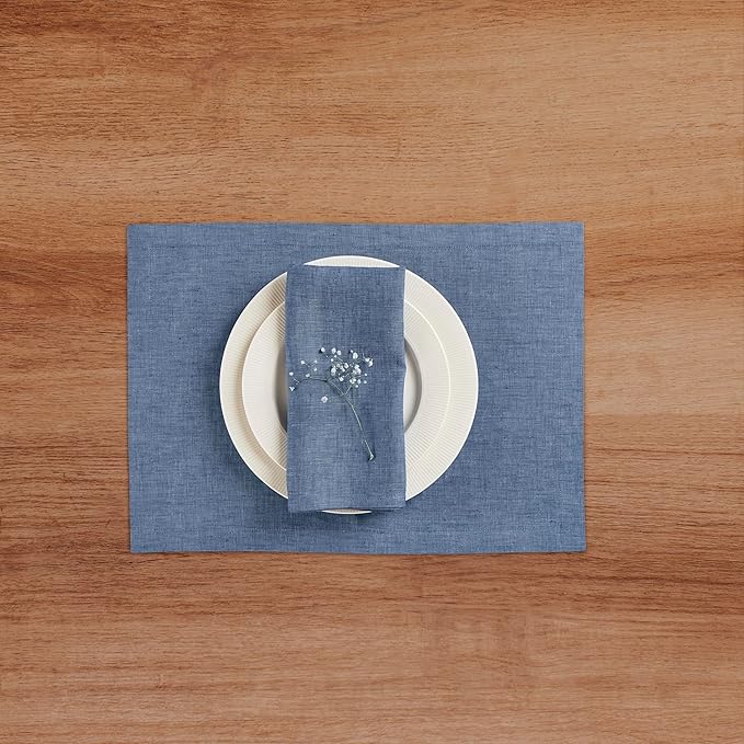 Solino Home Linen Cloth Napkins Set of 4-100% Pure Linen Blue Denim Dinner Napkins 20 x 20 Inch for Winter, Spring, Easter - Athena, Handcrafted and Machine Washable