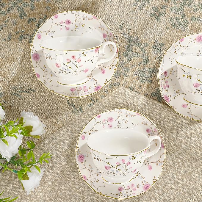 fanquare 21-Piece Gold Vine Floral Porcelain Tea Sets - Image 3