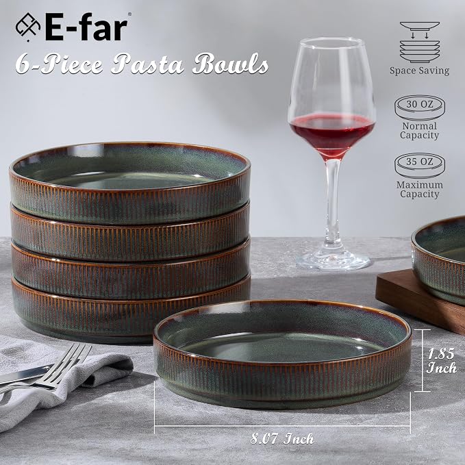 E-far Pasta Bowls Set of 6, 35oz Large Salad Bowl Plate - Image 2