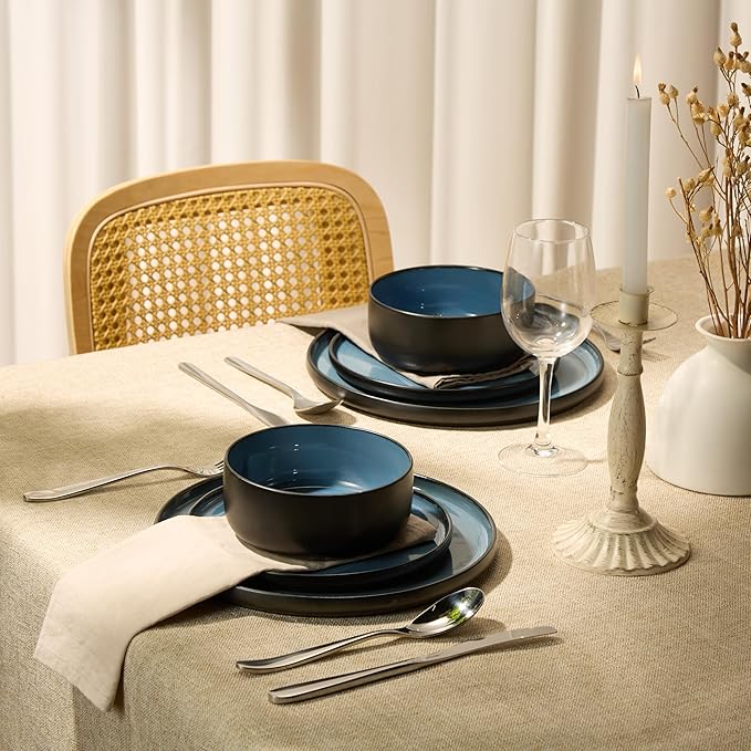 Dinnerware Set, 12 Piece Service for 4, Vase and Vessel, Ceramic 10.5” Dinner Plates, 8.2” Salad Plates and 20 oz Bowls, Stoneware, Somerset Collection (Black/Slate Blue)