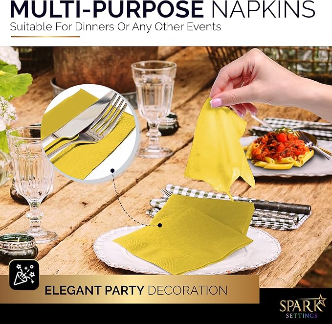 100 Pack Yellow Beverage Napkins, Big Party Pack, 2 Ply, Ideal for Wedding, Party, Birthday, Dinner, Lunch, Cocktails. (5” x 5”) by Amcrate