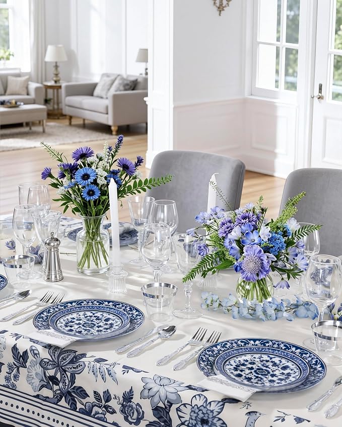 175 Pcs Blue Plates for Party & Wedding | Floral Disposable Dinnerware Set. - Image 5