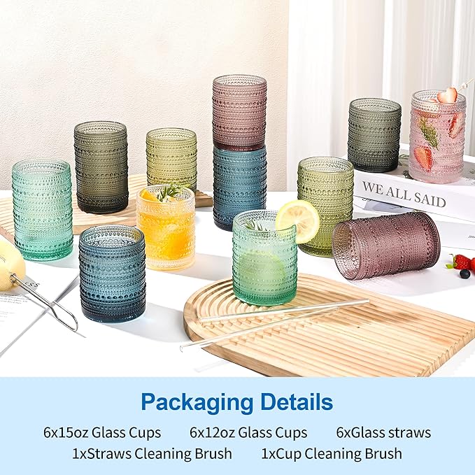 Colored Hobnail Drinking Glasses Set of 12, 15oz&12oz Kitchen Vintage Glassware, Embossed Beaded Water Tumbler for Cocktail, Juice and Various Mixed Drinks Dishwasher-Safe