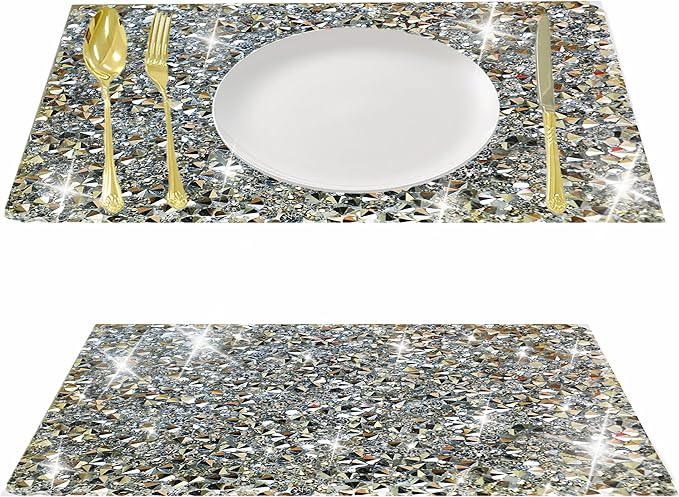 Silver Diamond Rhinestone Encrusted Square Placemats - Set of 2