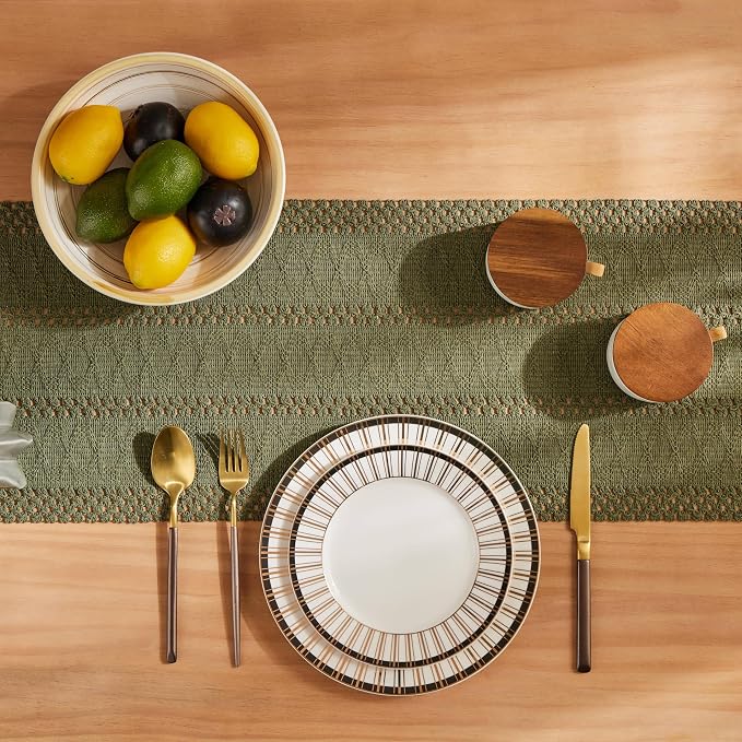 Macrame Style Boho Table Runner, 12x90 Inch Moss | Woven Boho Table Runner - Image 4