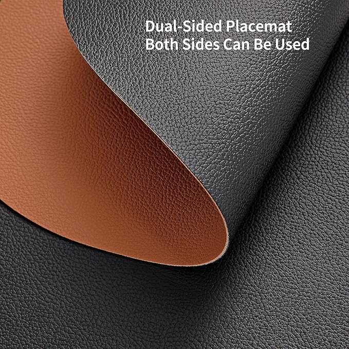 Myir JUN Round Placemats Set of 4 Faux Leather Place Mats and Coasters 15 inch Round Table Mats Dual Sided Non-Slip Stain Resistant Placemats (Black & Brown, Set of 4)