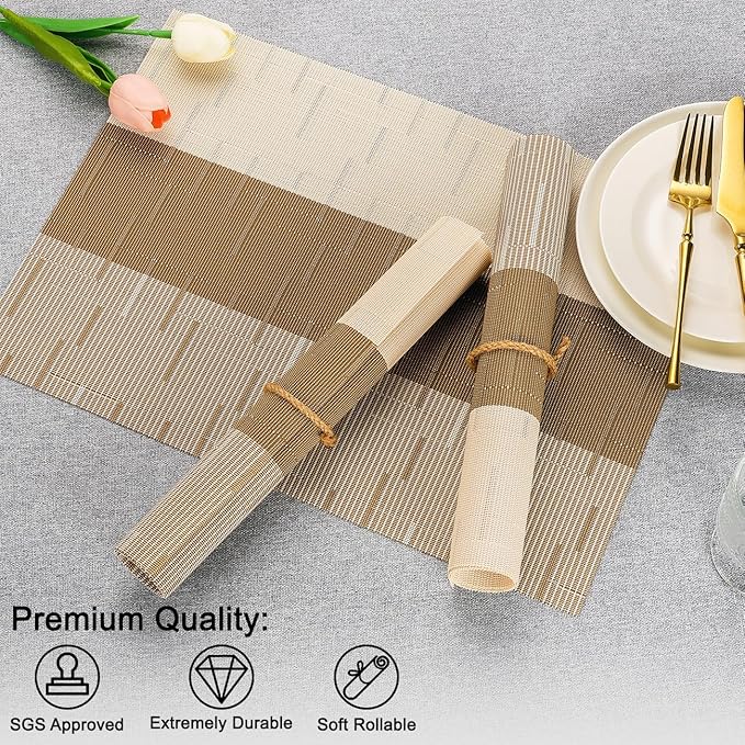 Placemats Set of 8, Vinyl Woven Place Mats Indoor Set of 8 Washable Wipeable PVC Table Mats Heat-Resistant Non Slip Placemat for Kitchen Dining Outdoor Table (Beige Light Brown, Set of 8)