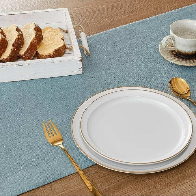 Linen Textured Border Table Runner, 14 x 90 Inch Blue | Mitered Corner Design - Image 5