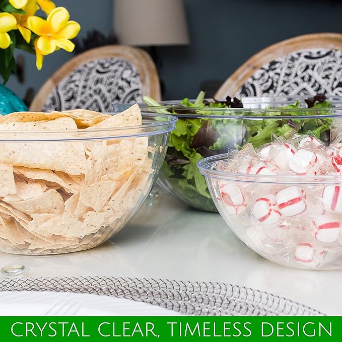 PLASTICPRO Disposable 48 Ounce Round Crystal Clear Plastic Serving Bowls, Party Snack or Salad Bowl, Chip Bowls, Snack Bowls, Candy Dish, Salad Container Pack of 8