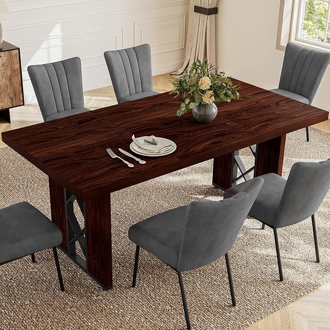 7-Piece Dining Table Set for 6 People, 70.8" MDF Kitchen Table with 6 Velvet Chairs, Space-Saving for Dining Room, Breakfast Nook(Walnut Table+6 Grey Chairs)