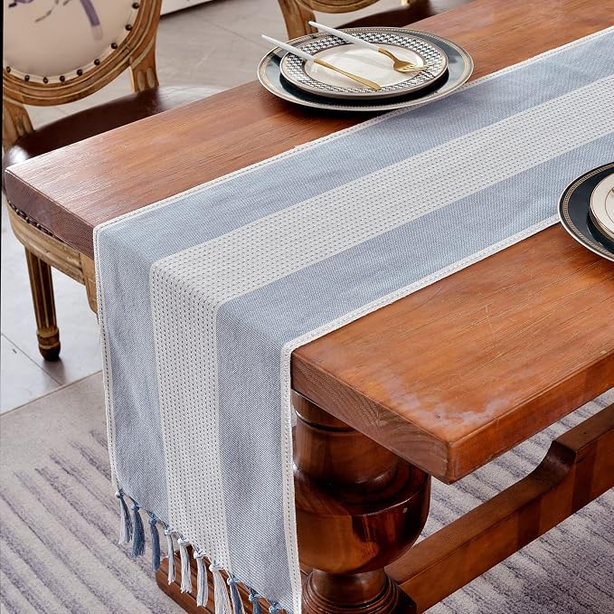Wracra Linen Table Runner, Stripe Table Runners 108 Inches Long Blue | Delicate - Image 5