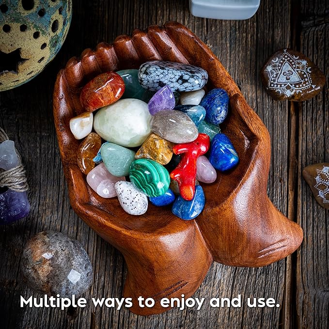 Curawood Carved Hands Offering Bowl - Crystal Holder for Stones, Rock Collection Holder, Crystal Display Storage Tray, Wooden Hands Bowl for Keys - Rock Display Case for Shelf, Stand, Altar Decor (M)