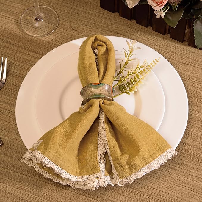 FINGERCRAFT Dinner Cloth Napkin Cotton Muslin Double Gauze 4 Pack with Classic Lace for Everyday Use, Wedding, Party, Christmas, Easter Napkins Cloth are Pre Shrunk and Good Absorbency Gold
