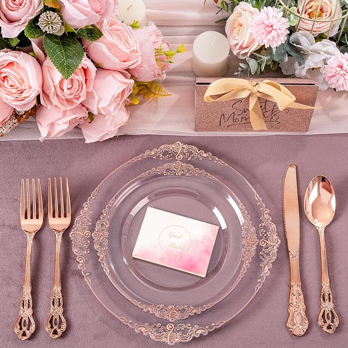 102PCS Rose Gold Plastic Plates - Clear Rose Gold Plate - Heavy Duty Disposable Plates - Fancy Disposable Dinner & Dessert Plate for 51 Guests for Party & Wedding & Valentines