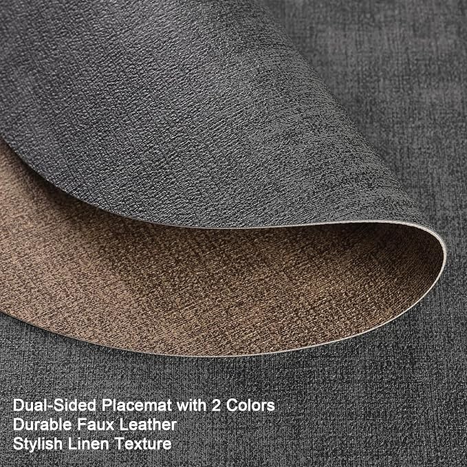 Placemats and Coasters, Washable Reversible Placemats Round Faux Leather Wipeable Place Mats Non Slip Heat Resistant Indoor Outdoor Table Mats (Set of 4, Gray Brown)
