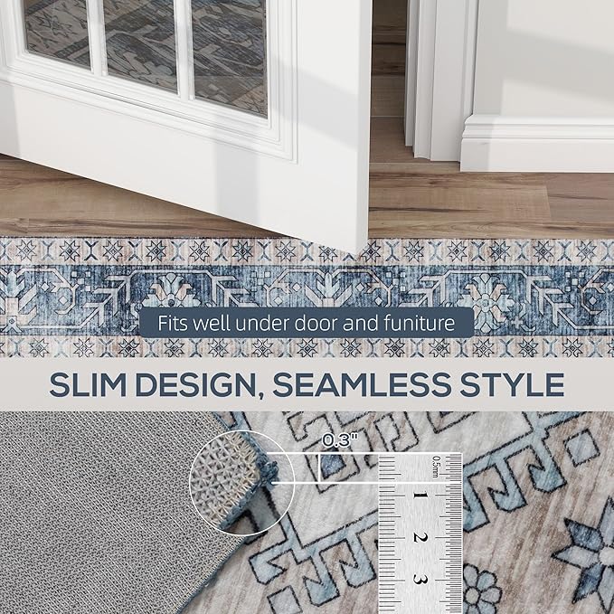 HOMCOM Washable Area Rug, 8'x10' Vintage Indoor Distressed Carpet, Retro Floor Cover Foldable, Floral Print Mat for Living Room, Bedroom, Dining Room, Blue