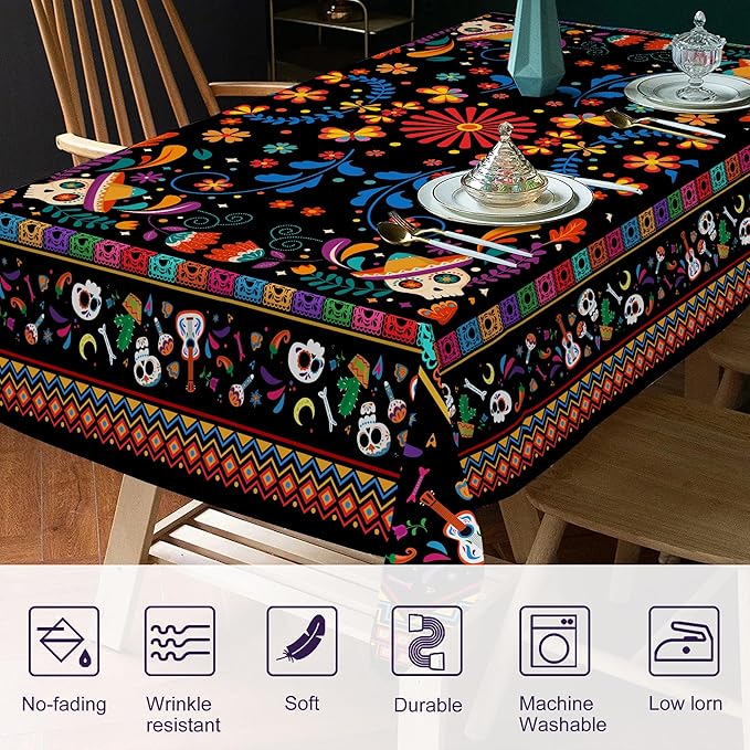 Mexican Tablecloth Rectangle 60 x 84 Inch, Cinco De Mayo Flower Skull Table Cloth Fiesta Indoor Decorations for Dining Room Party