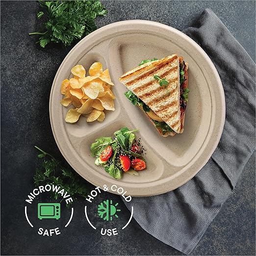100% Compostable Paper Plates 9 Inch Bulk [500 Count] Heavy-Duty Dinner Plates with Compartments - Natural Brown Color Bagasse - Eco-Friendly Disposable Biodegradable Sugarcane - [Case 4/125 Pack]