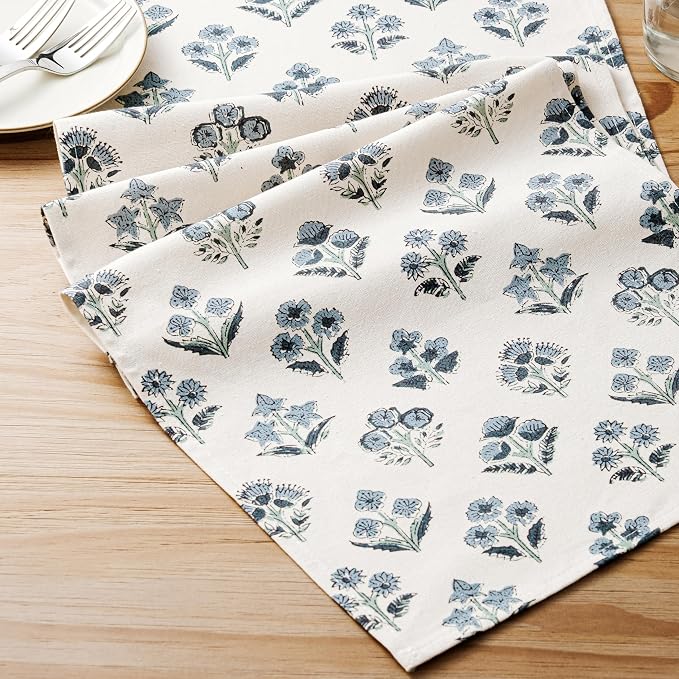 Block Print Floral Decorative Table Runners, 13x48 Inch Dusty Blue | 100% - Image 6