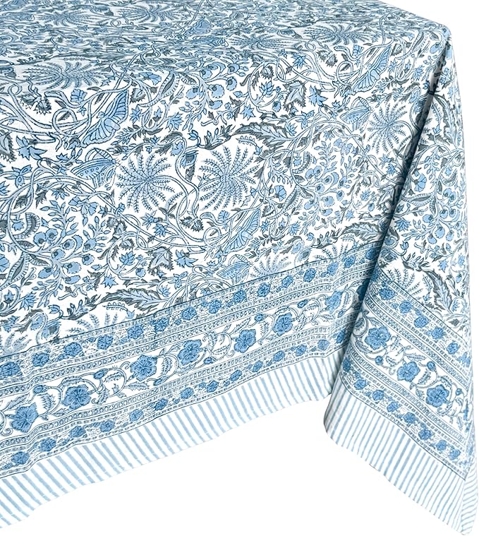 ATOSII Butterfly Blue 100% Cotton Rectangle Boho Fall Tablecloth, Handblock Floral Table Cloth Linen for Kitchen Dining I Parties Wedding Outdoors Christmas Thanksgiving I 72 X 140 Inches I 12 Seater