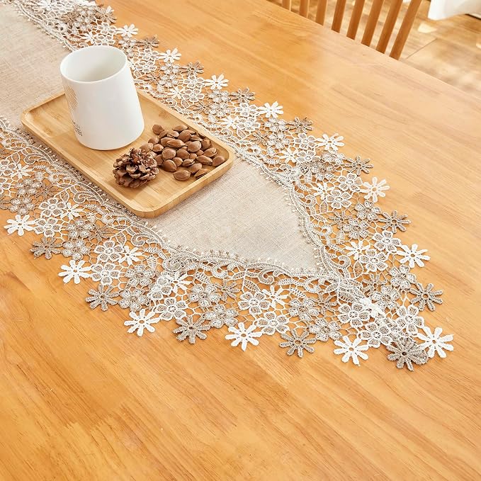 Natural Beige Floral Lace Table Runner Dresser Scarf | Rustic Farmhouse Style - Image 4
