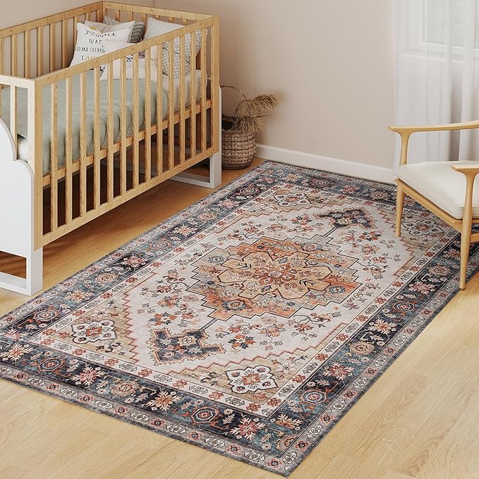HOMCOM Washable Area Rug, 4'x6' Vintage Indoor Distressed Carpet, Retro Floor Cover Foldable, Floral Print Mat for Living Room, Bedroom, Dining Room, Tawny Brown