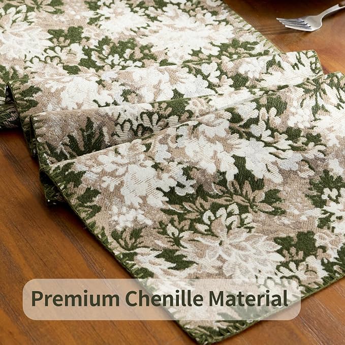 ORTIGIA Vintage Floral Table Runner, Boho Chenille Green and Taupe Farmhouse - Image 5