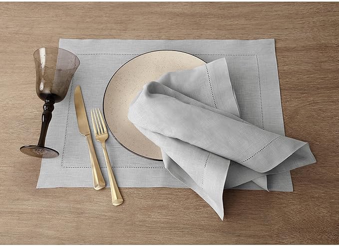 Solino Home Linen Placemats Set of 4 - Classic Hemstitch Soft Grey Placemats 14 x 19 Inch - 100% Pure Linen Table Mats for Winter, Spring, Easter