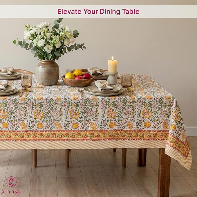 ATOSII Clover Yellow 100% Cotton Rectangle Fall Tablecloth, Handblock Floral Print Linen Table Cloth for Kitchen Dining I Parties, Outdoors, Christmas, Thanksgiving I 72 X 120 Inches I 10 Seater