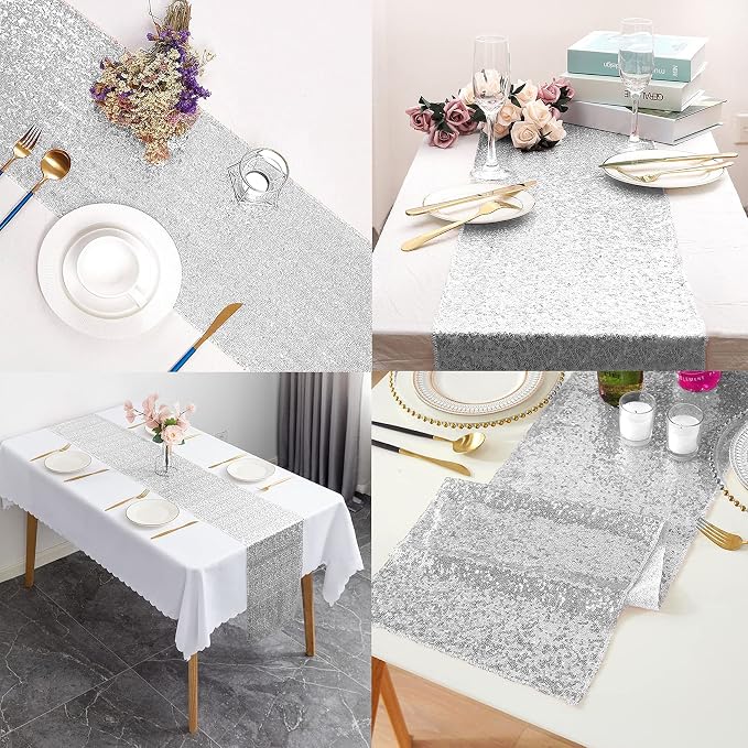 12 Packs 12 X 108 Inch Silver Sequin Table Runner Glitter Dining Table Runner - Image 5