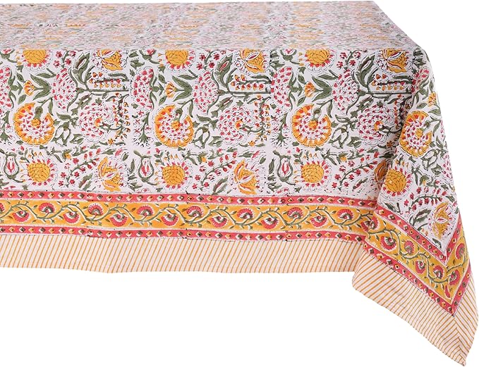 ATOSII Clover Yellow 100% Cotton Square Fall Tablecloth, Handblock Floral Print Linen Table Cloth for Kitchen Dining I Parties, Weddings, Outdoors, Christmas, Thanksgiving Fall Decor 60 X 60 Inches