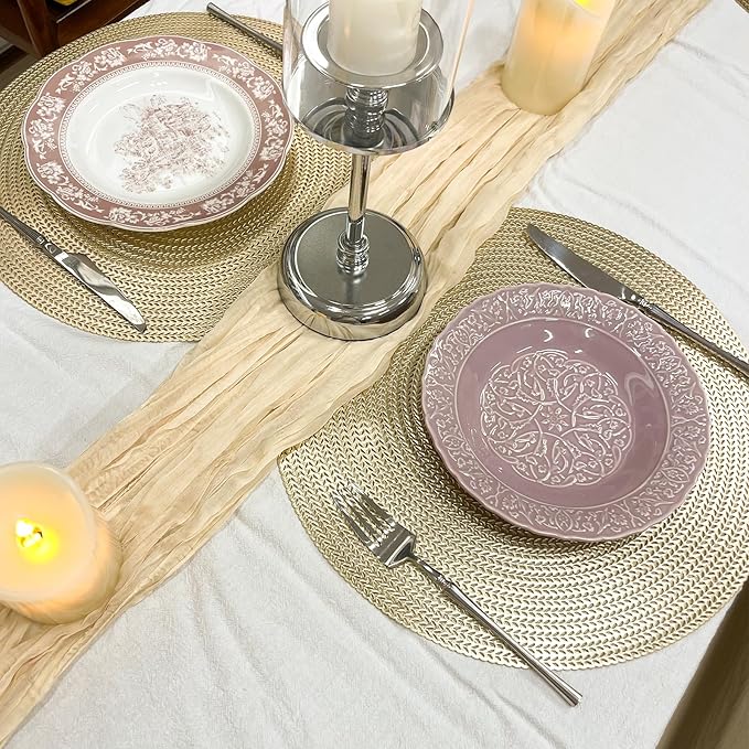 Set of 4 PVC Gold Textured Round Placemats Dinning Kitchen Table Mats Decorations Setting for Christmas Wedding Thanksgiving Party Event Holiday Autumn Harvest 15 Inch