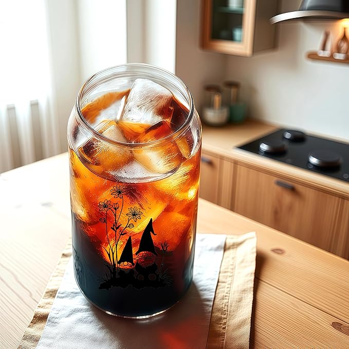 Cute Gnomes Glass Cup With Lids And Straws, Gnomes Gift For Women, Iced, Coffee, Smoothie, Cocktail, Beer, Whiskey, Soda, Matcha,16 Oz, Home Office Table Desk Decoration!