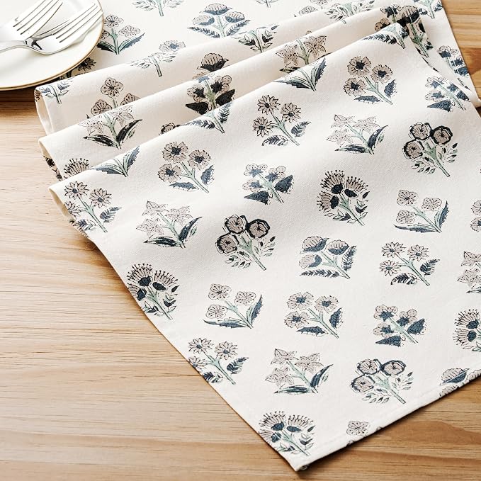 Block Print Floral Decorative Table Runners, 13x90 Inch Grey | 100% Organic - Image 6