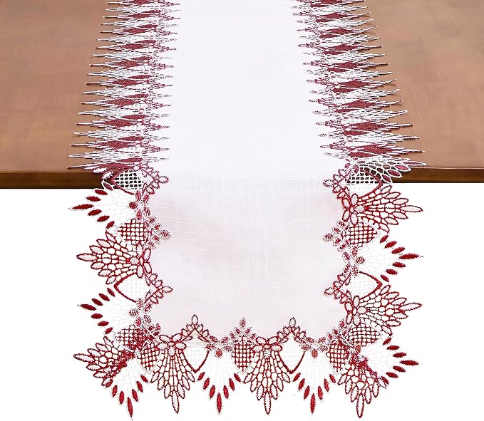 White Dark Red Linen Lace Table Runner 72 inches Dresser Scarf | White Sheer by Raedan