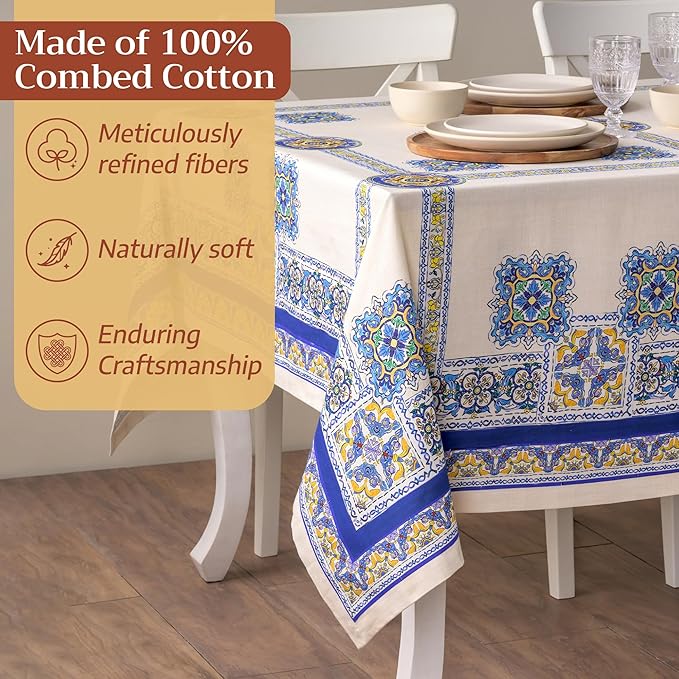 Maison d' Hermine Premium Table Cloth Rectangle Table 100% Combed Cotton 108 x 70 Inches Tablecloth Reusable Decorative for Dining Room, Farmhouse, Home, Party, Festive & Wedding - Sciacca