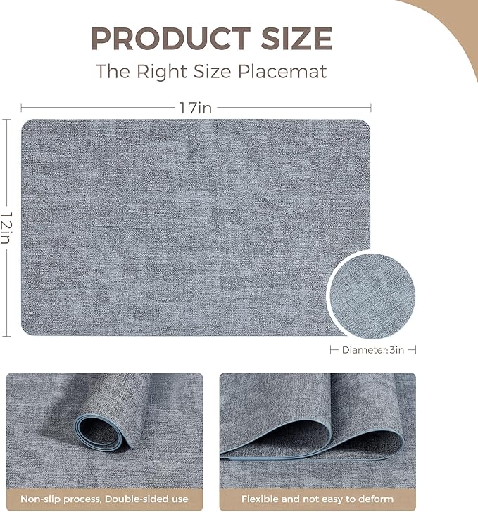 Vinyl Placemats Set of 8, Faux Leather Waterproof and Heat Resistant Place Mats, Washable Anti-Slip Table Mats with Coaster, Wipeable Placemats for Indoor & Outdoor 17" x 12" (Light Blue, Set of 8)