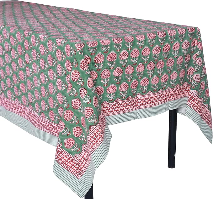 ATOSII Roma Green100% Cotton Rectangle Summer Tablecloth, Block Print Floral Linen Table Cloth for Dining Table Parties Wedding Outdoors I Grand Millennial Decor 60 X 90 Inches 6 Seater I Memorial Day