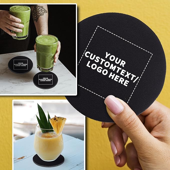 100 Round Foam Bud Coasters Pack, 4 inch - Customizable Text, Logo - PU Foam, Party Favor - Black
