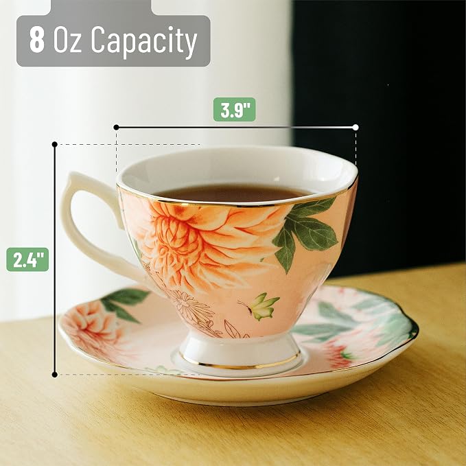 BTaT- Floral Tea Cups and Saucers, 6 Pack, 8 oz | Fine Porcelain Teacup Set - Image 3