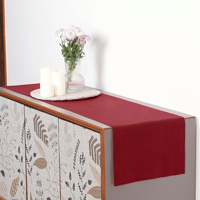 D'Moksha Homes Linen Red Table Runner 132 Inches Long - 100% Pure Linen Extra Long Table Runner 14 x 132 Inch for Valentines, Spring - Machine Washable
