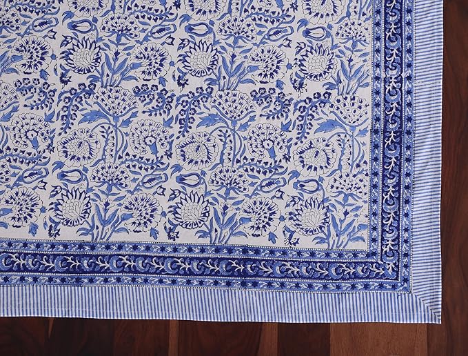 ATOSII Indigo Bloom 100% Cotton Tablecloth, Block Print Rectangle Table Cover for Dining, Parties, Weddings, Outdoors, Holidays, 60 X 90 Inches I 6 Seater I Grandmillennial Preppy Boho Farmhouse