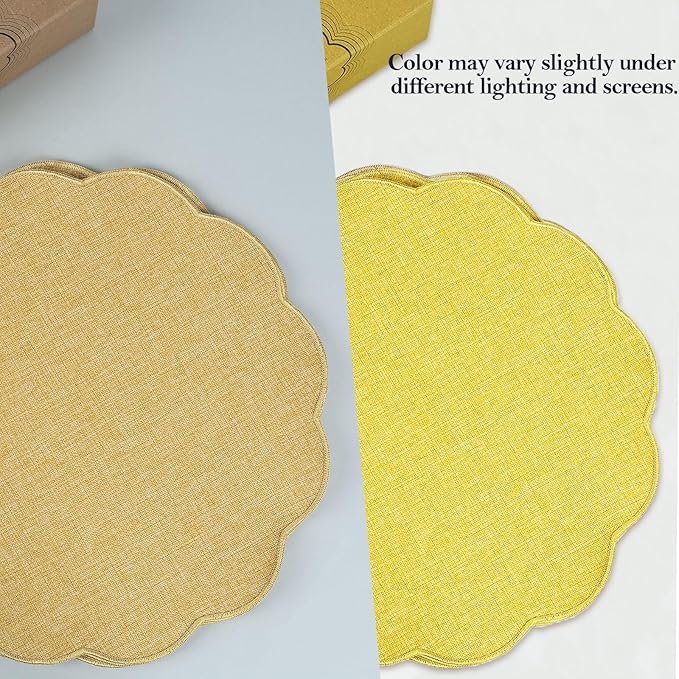 AHHFSMEI Round Faux Linen Placemats Set of 6 Waterproof Table Mats Heat Resistant Non-Slip and Stain Proof for Kitchen Dining Elegant Decor(Yellow,6)