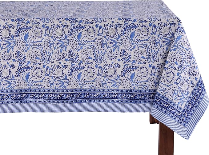 ATOSII Indigo Bloom 100% Cotton Rectangle Fall Tablecloth, Handblock Floral Linen Table Cloth for Dining Table I Parties Christmas Thanksgiving Grand Millennial Home Decor 72 X 120 Inches I 10 Seater